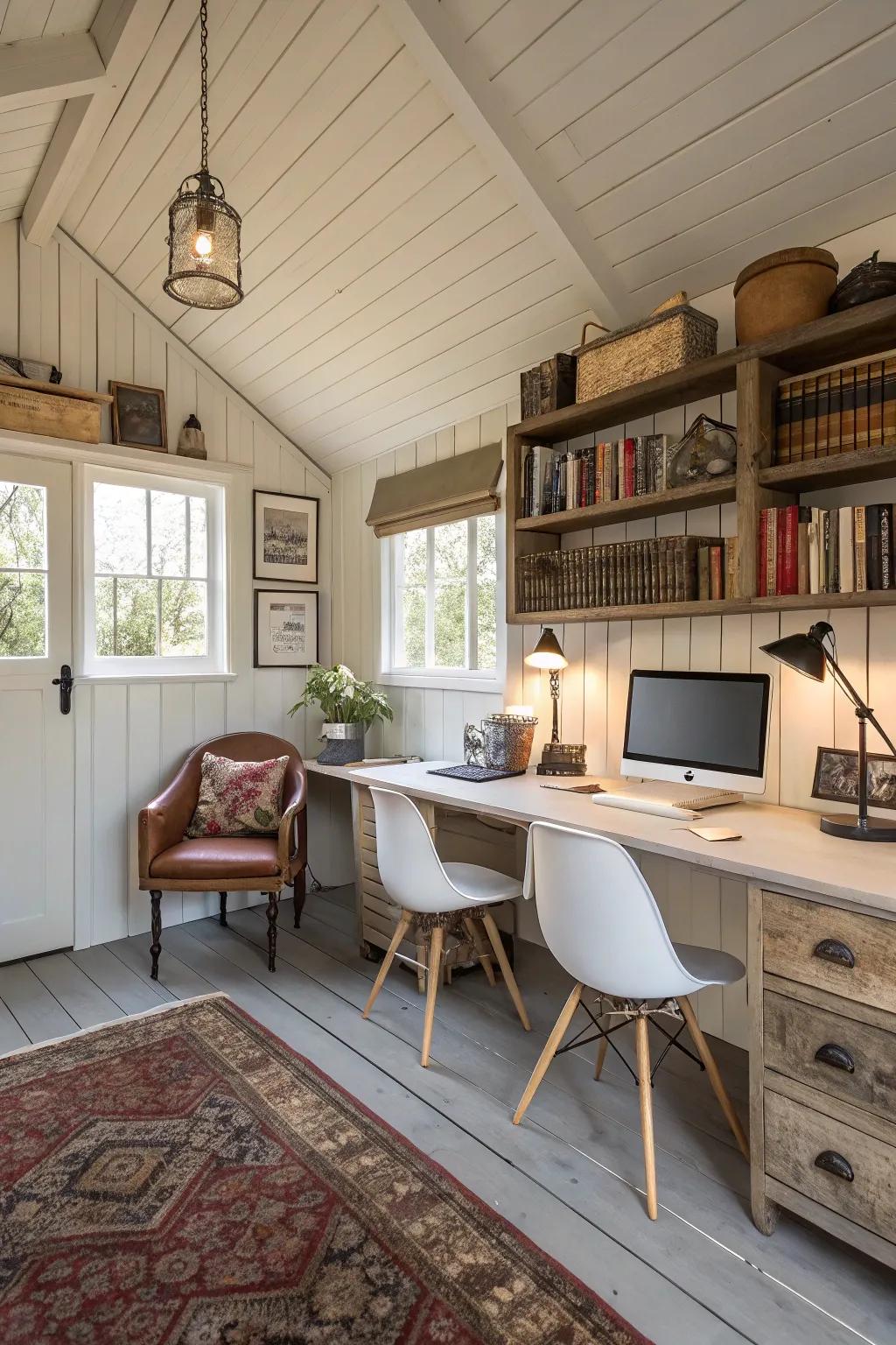 Craft a productive home office in your she shed with a blend of modern and vintage furniture.