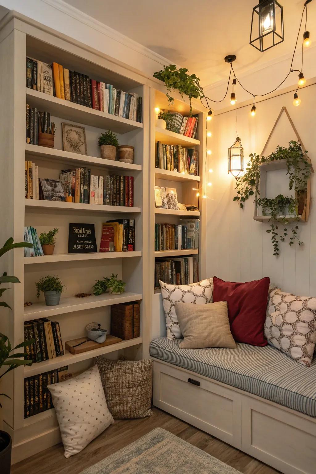 Corner shelves turning a nook into a cozy reading spot.
