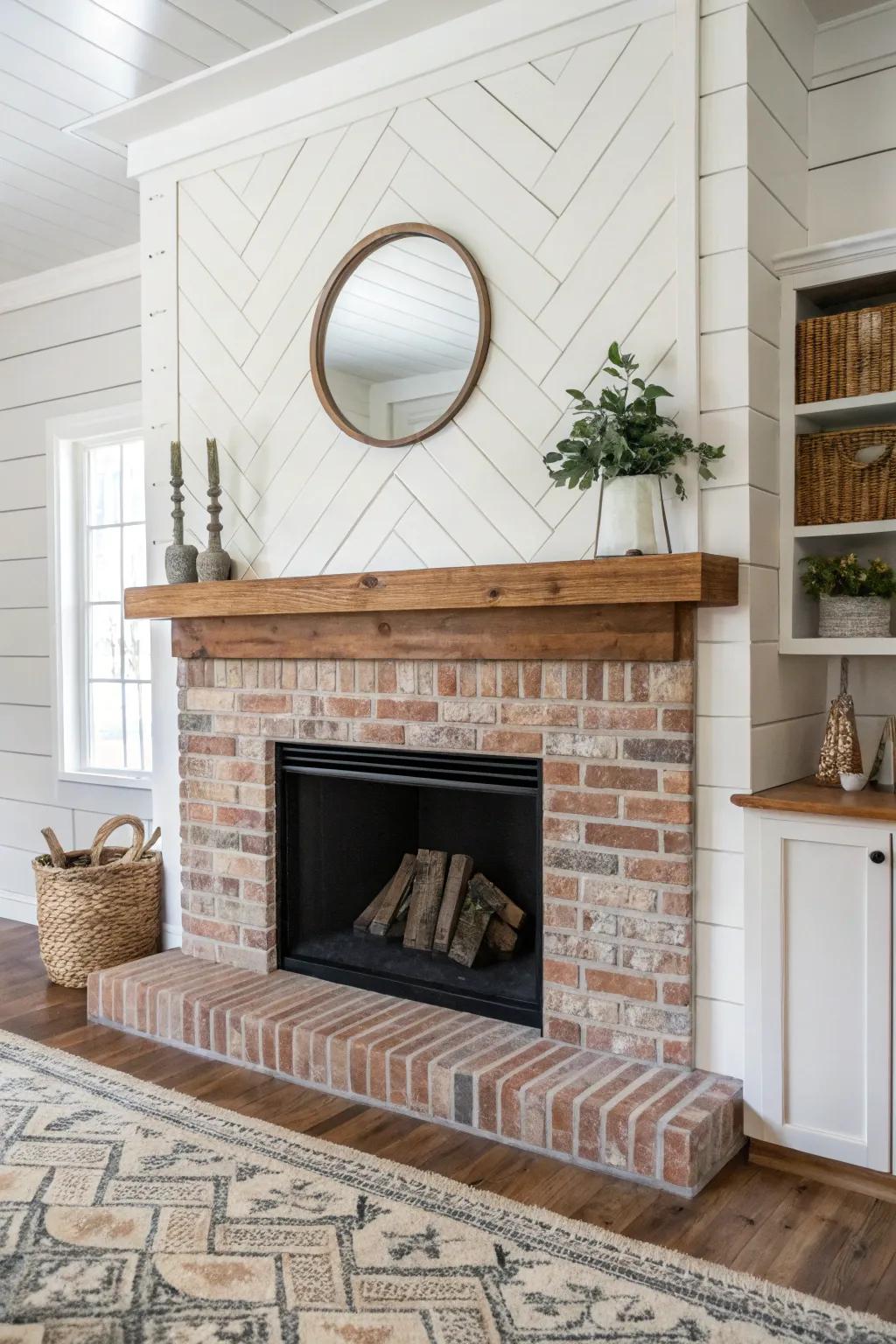 A mix of shiplap and brick adds depth and texture to the fireplace.