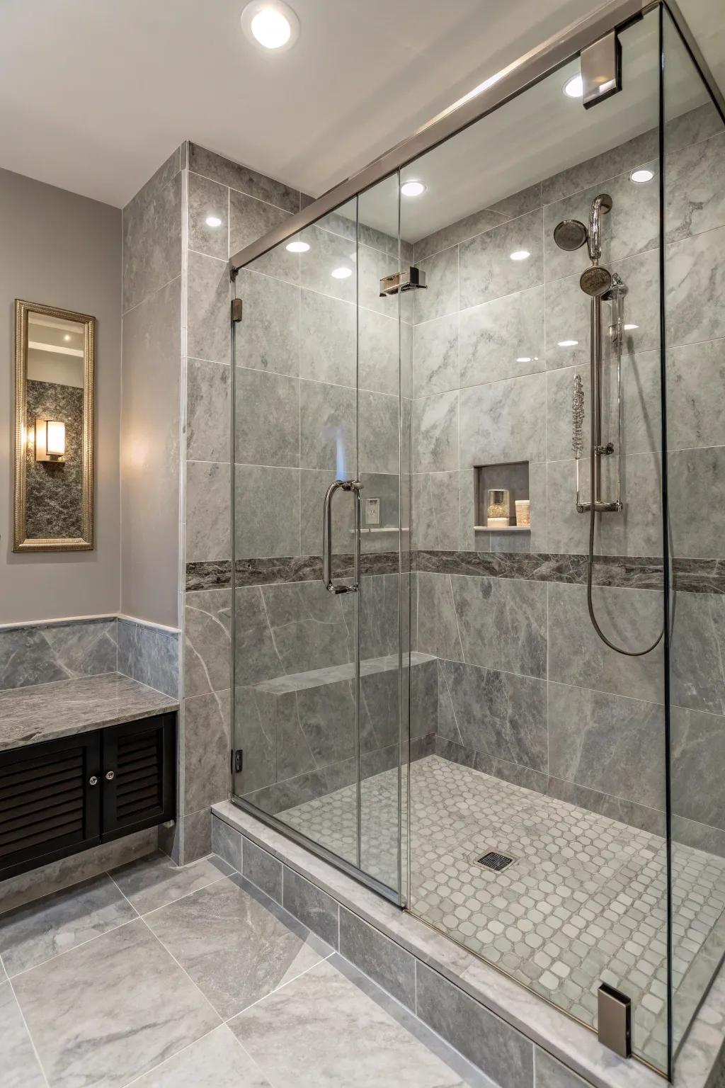 Luxurious grey marble tiles in a shower.