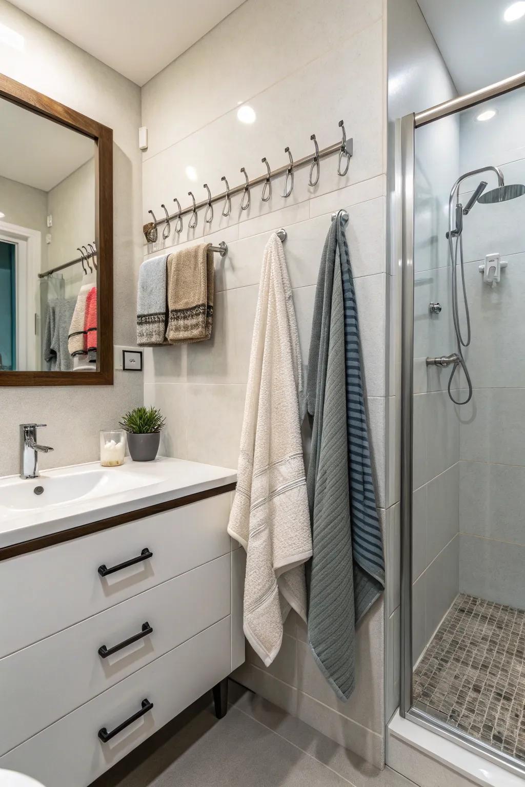 Hooks and peg rails provide a simple and effective storage solution.