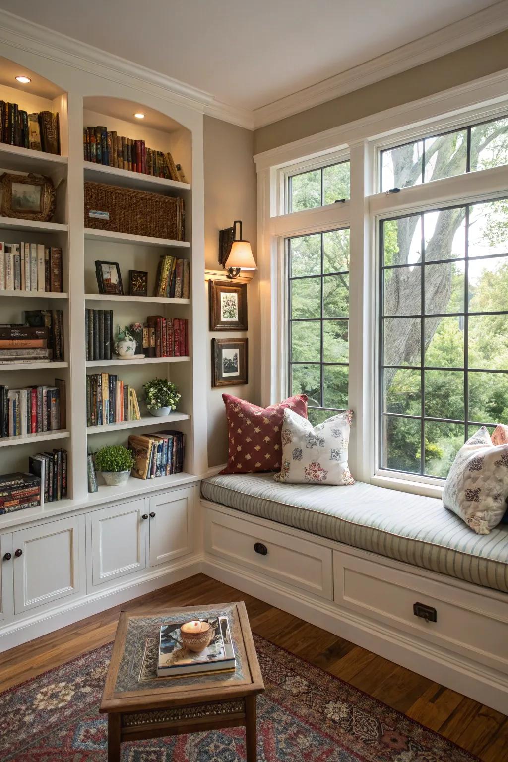 Combine seating and storage for a cozy reading nook.