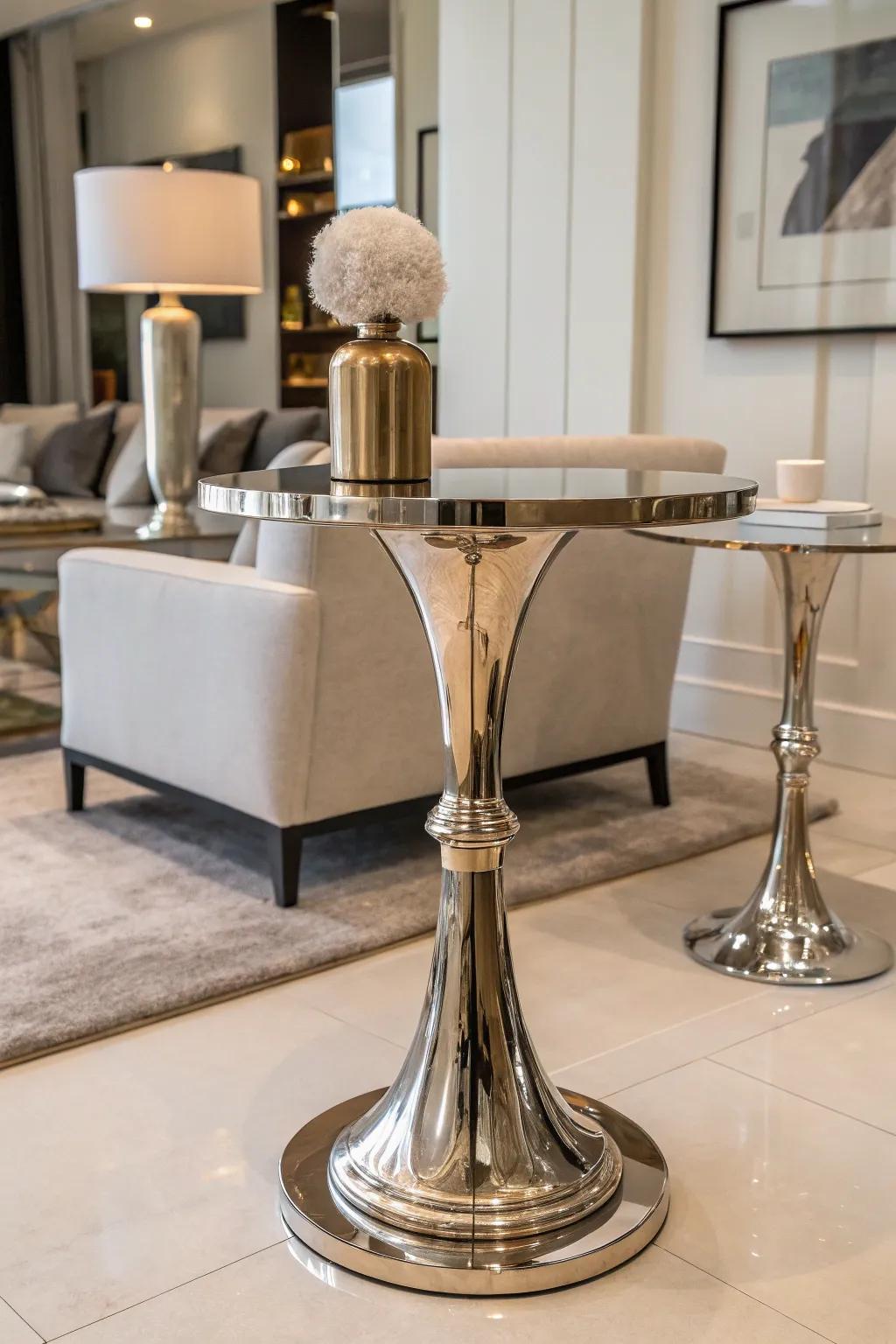 Metallic end table adds a modern edge to any room.