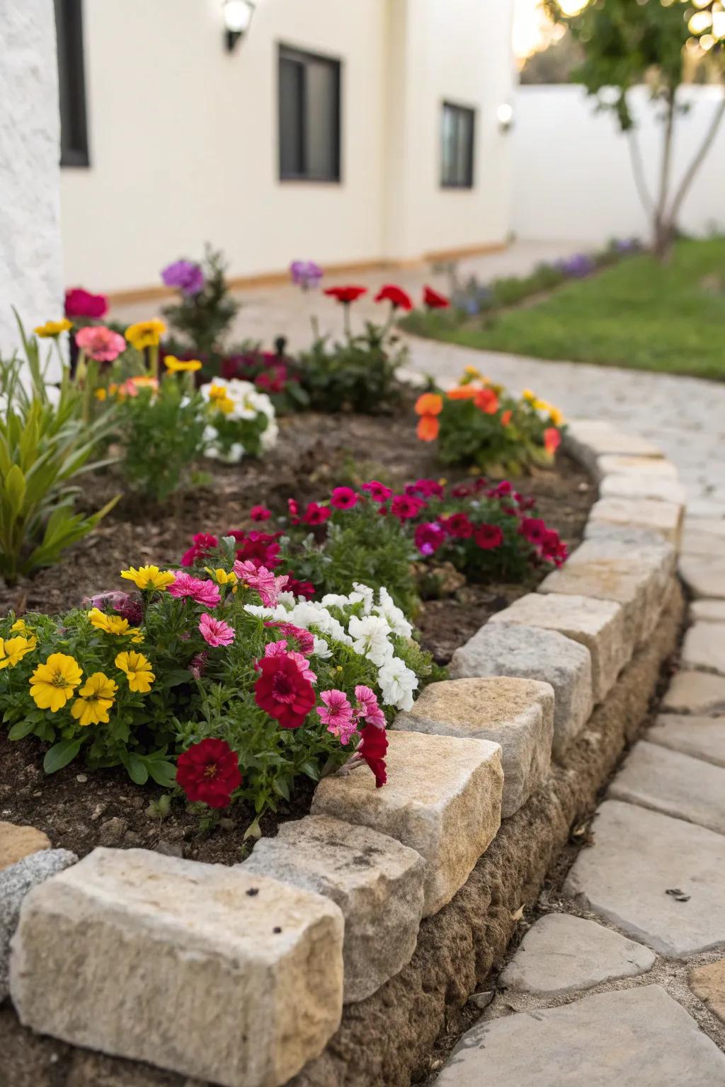 A tidy small flower bed with well-defined stone edging and colorful flowers.