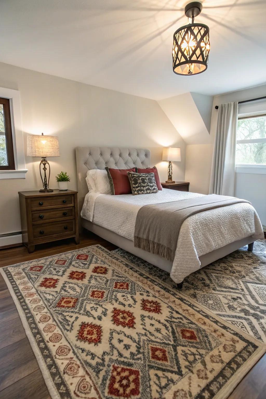 Decorative accents inject character into a small master bedroom.