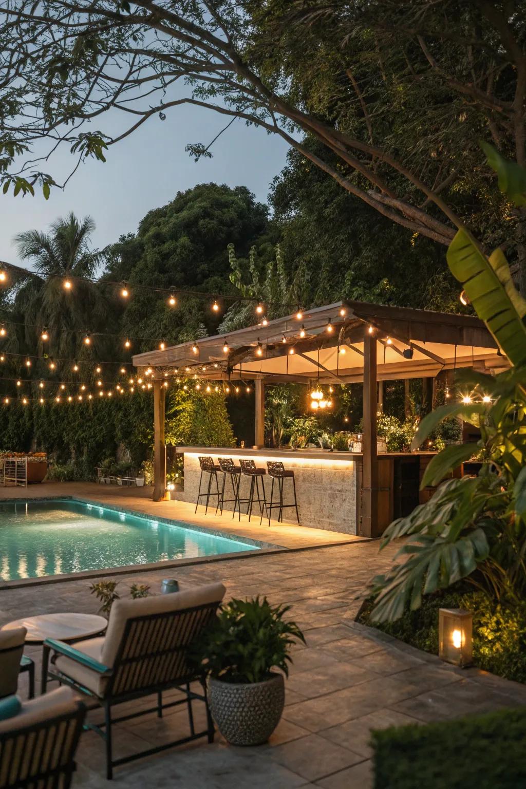 Ambient lighting transforms your pool bar into an enchanting evening retreat.