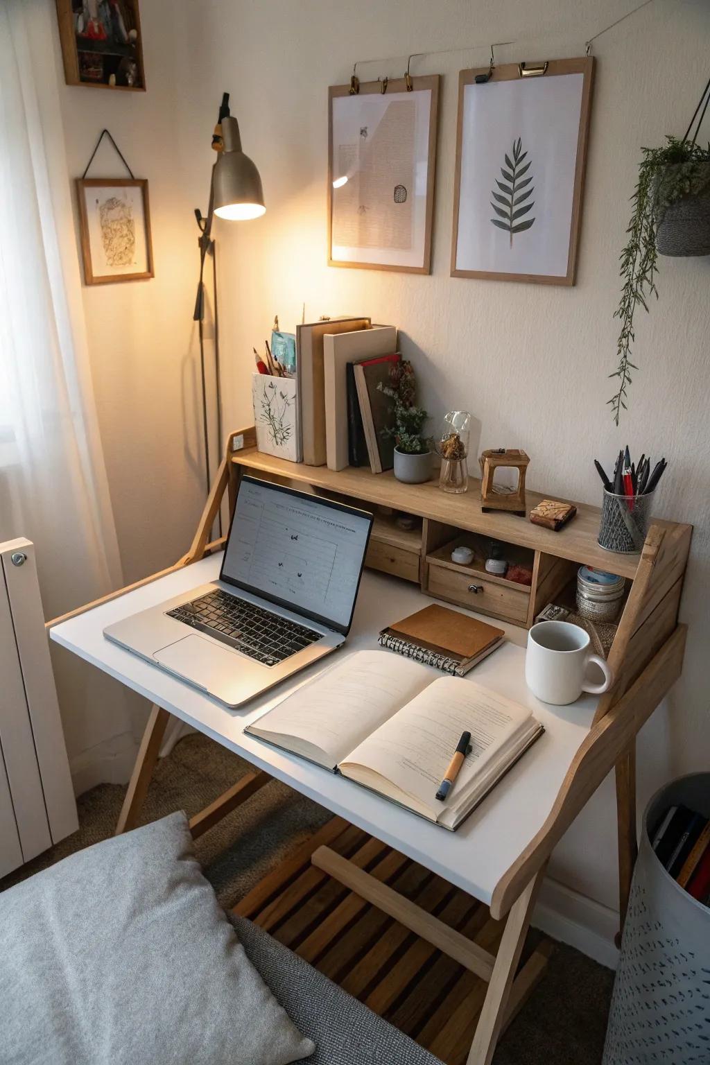 Fold-out desks provide a practical workspace without permanent commitment.