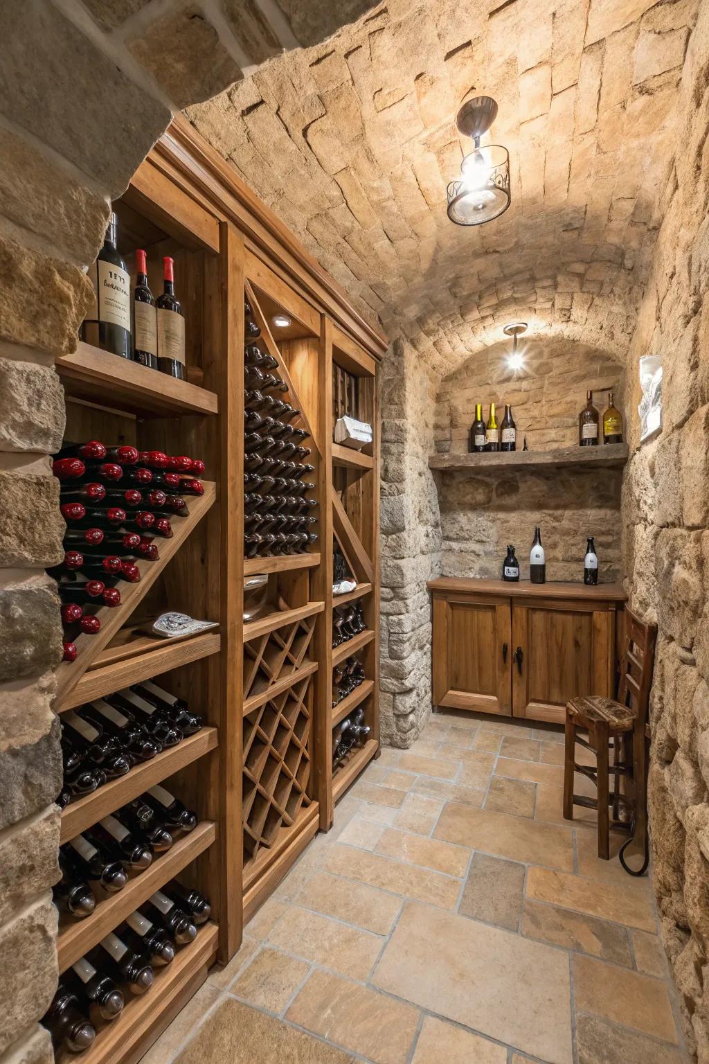 Stone walls add a rustic charm to wine cellars.