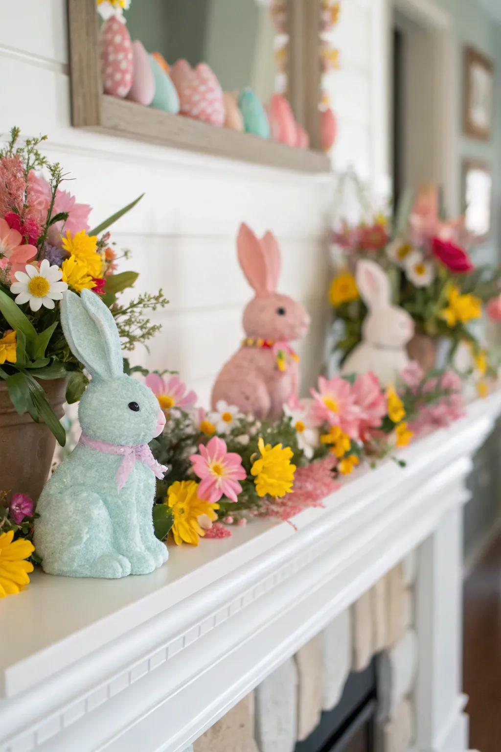 Bunny decor adds a whimsical touch to spring arrangements.