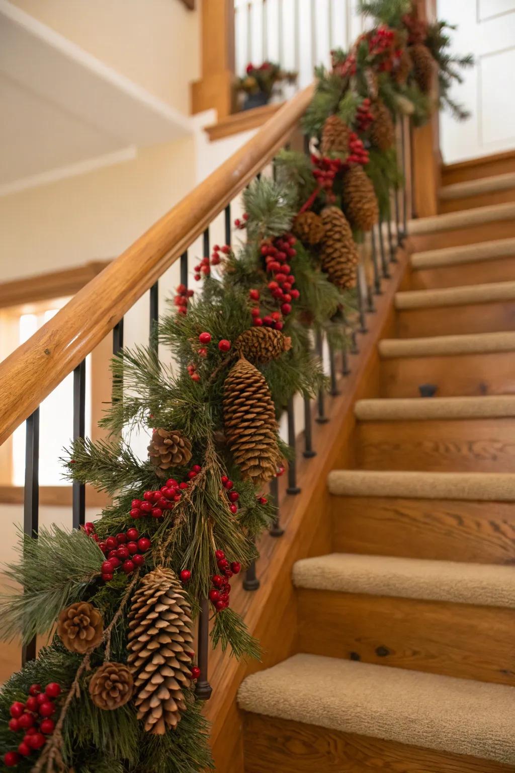 Natural pine cones and berries add rustic charm to this garland.