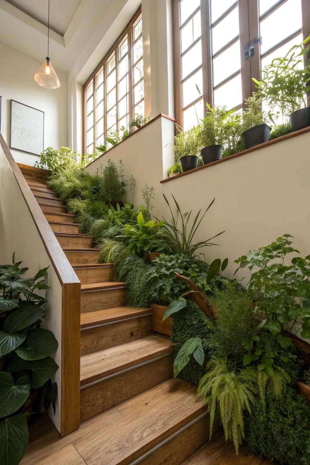 Integrated planters bring a touch of nature to this home staircase.