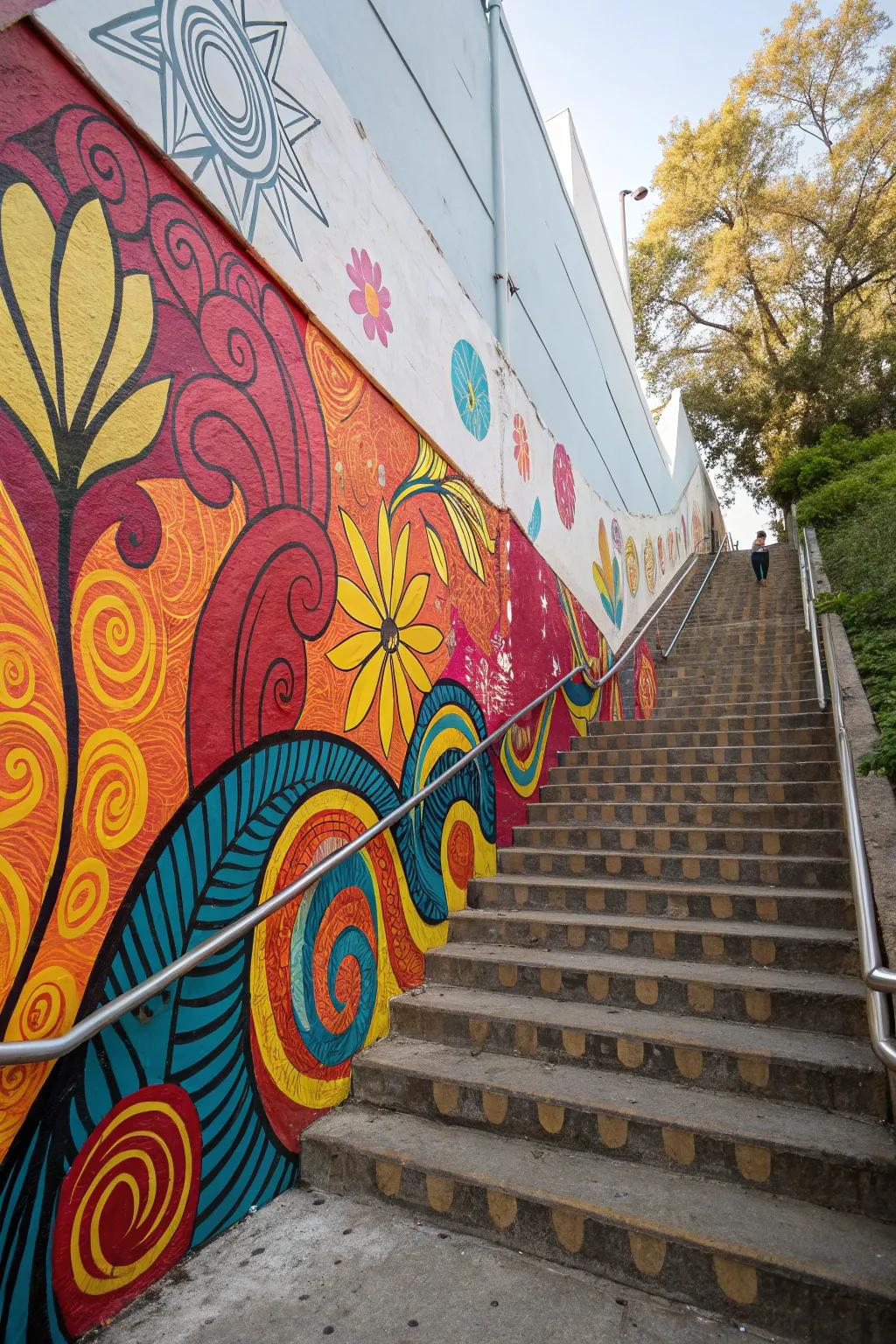 Bold colors breathe life into the stairway wall.