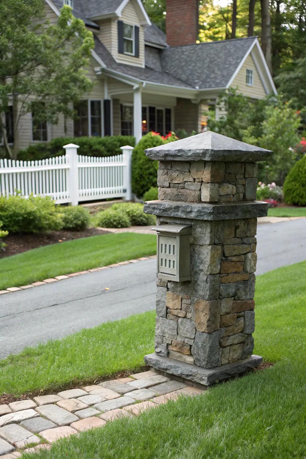 An artistic slate mailbox pillar displaying unique textures.