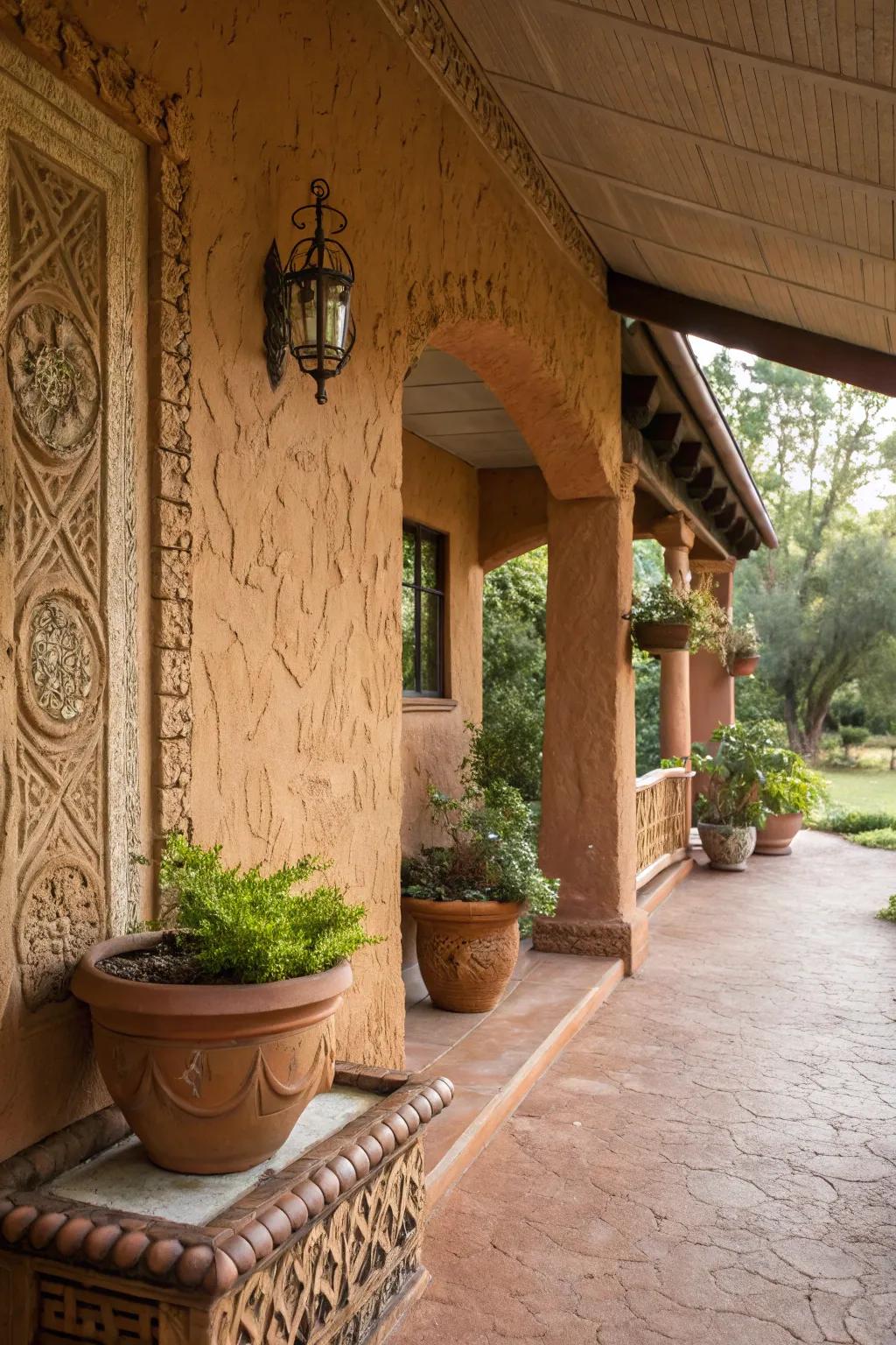 Textured stucco in warm tones adds character to this porch.