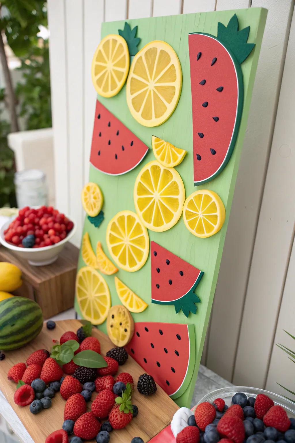 A board overflowing with radiant fruit clip-outs, featuring juicy melons and tart lemons.