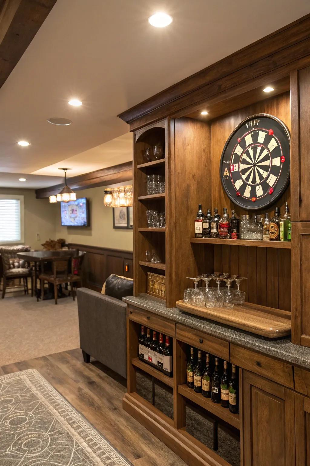 A dartboard adds an element of fun to this home bar setup.