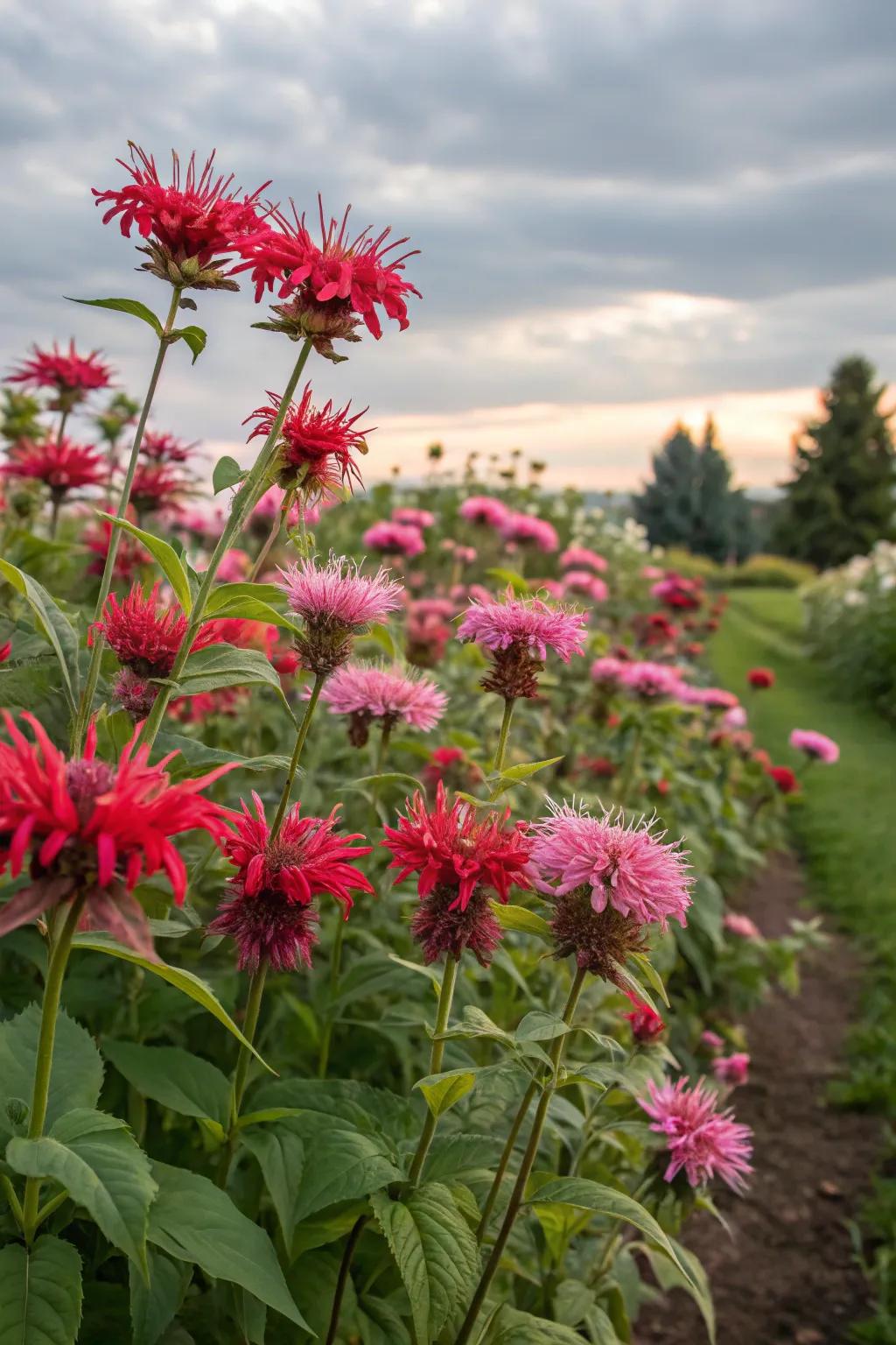 Bee balm blossoms drawing in bees, contributing a spicy note to your tea.