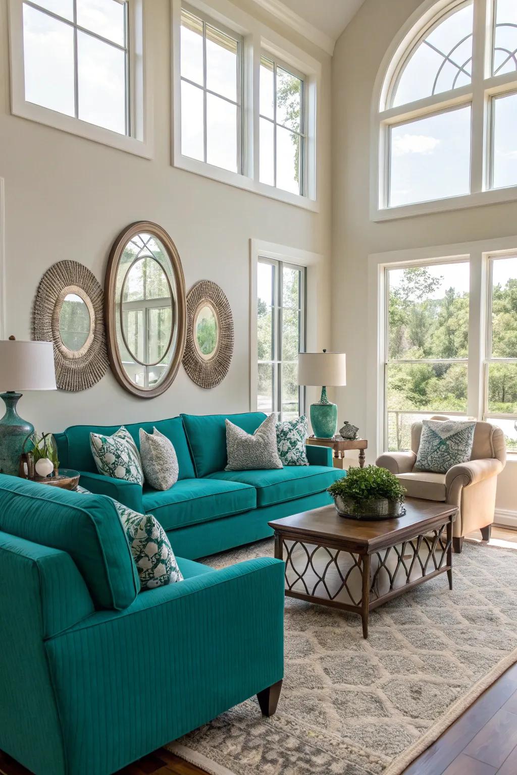 Natural light enhances the vibrancy of teal accents in a living room.