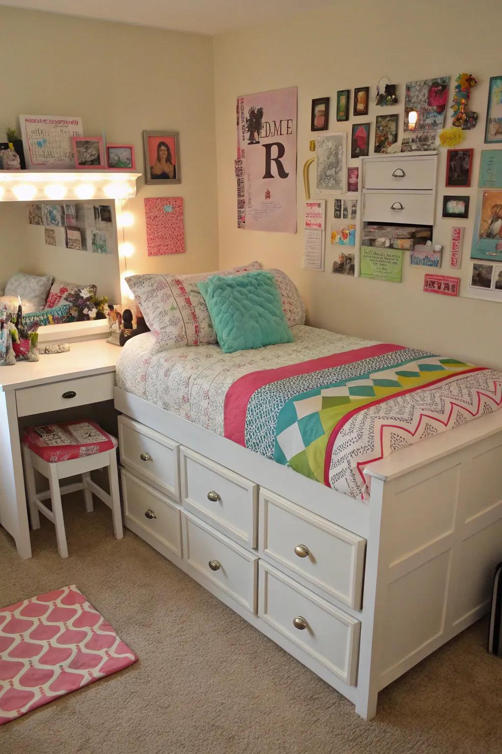 Multi-functional furniture enhances space and utility in a teen girl's room.