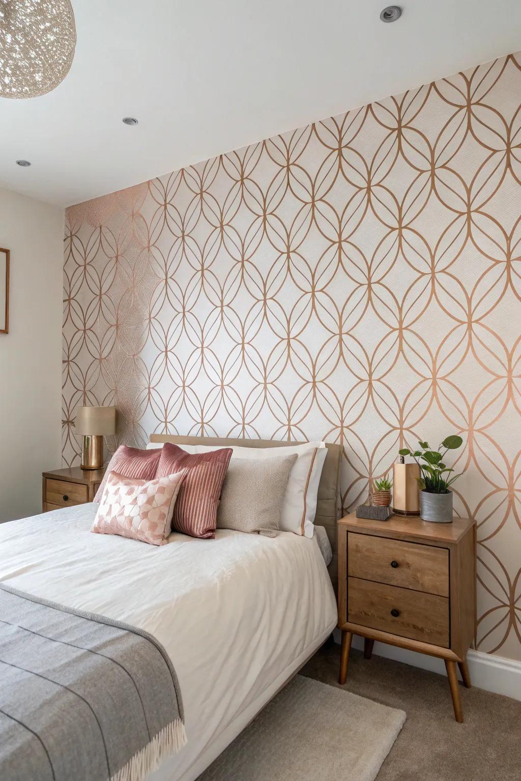 A rose gold accent wall adds a rich focal point.