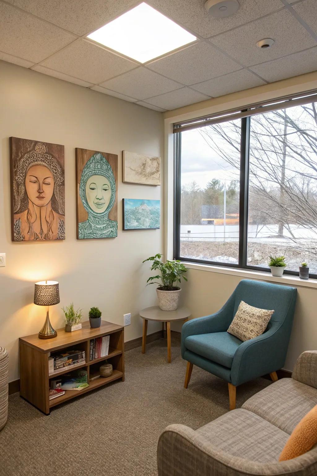 Meaningful artwork adds depth to the therapy space.