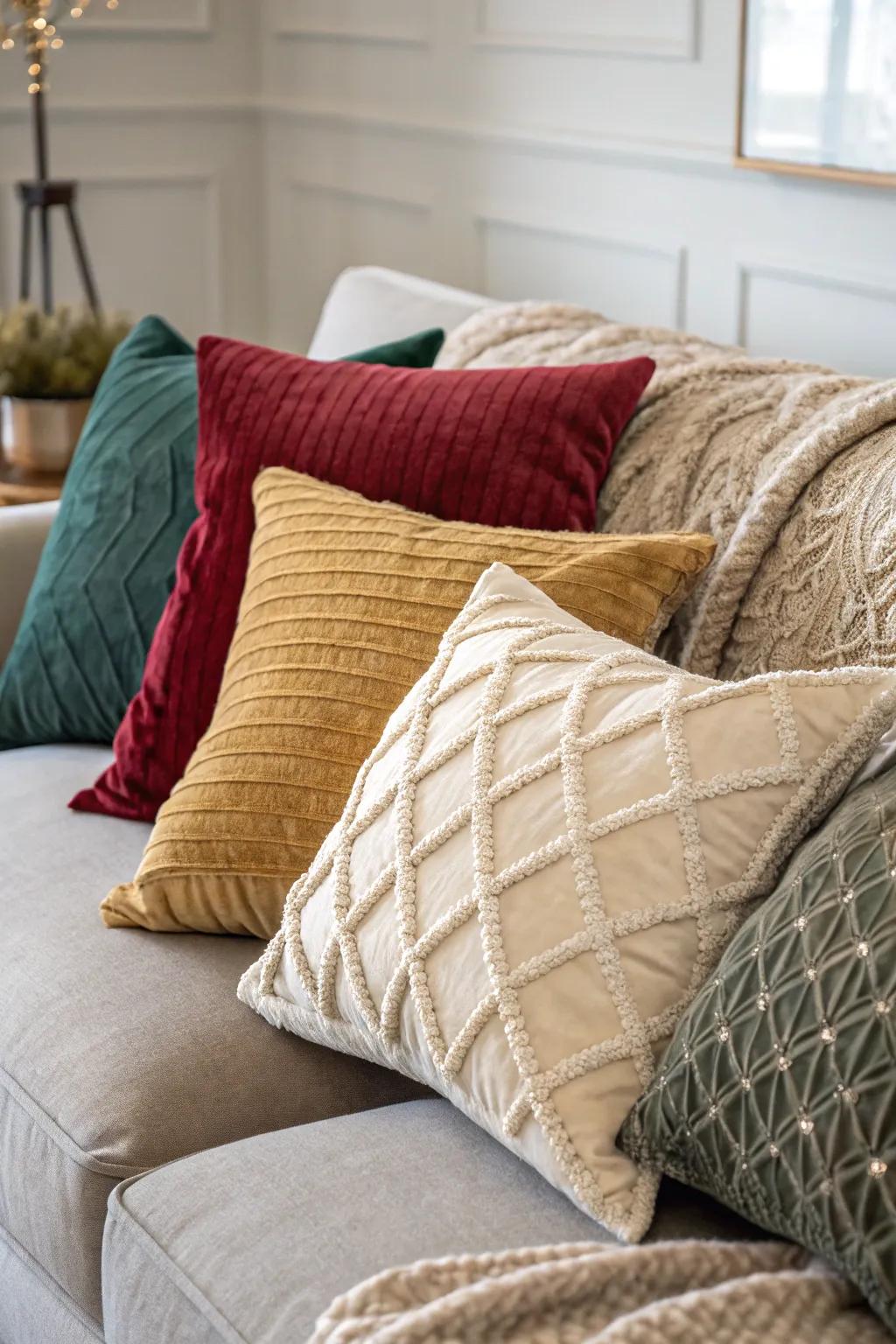 A tactile feast featuring velvet, linen, and knit pillows adding depth to the decor.