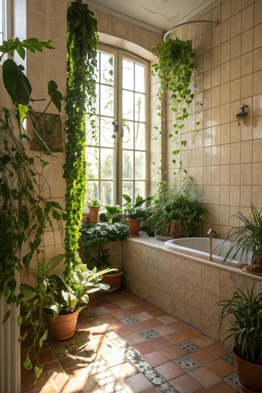 Create a serene space by combining tiles with natural elements.