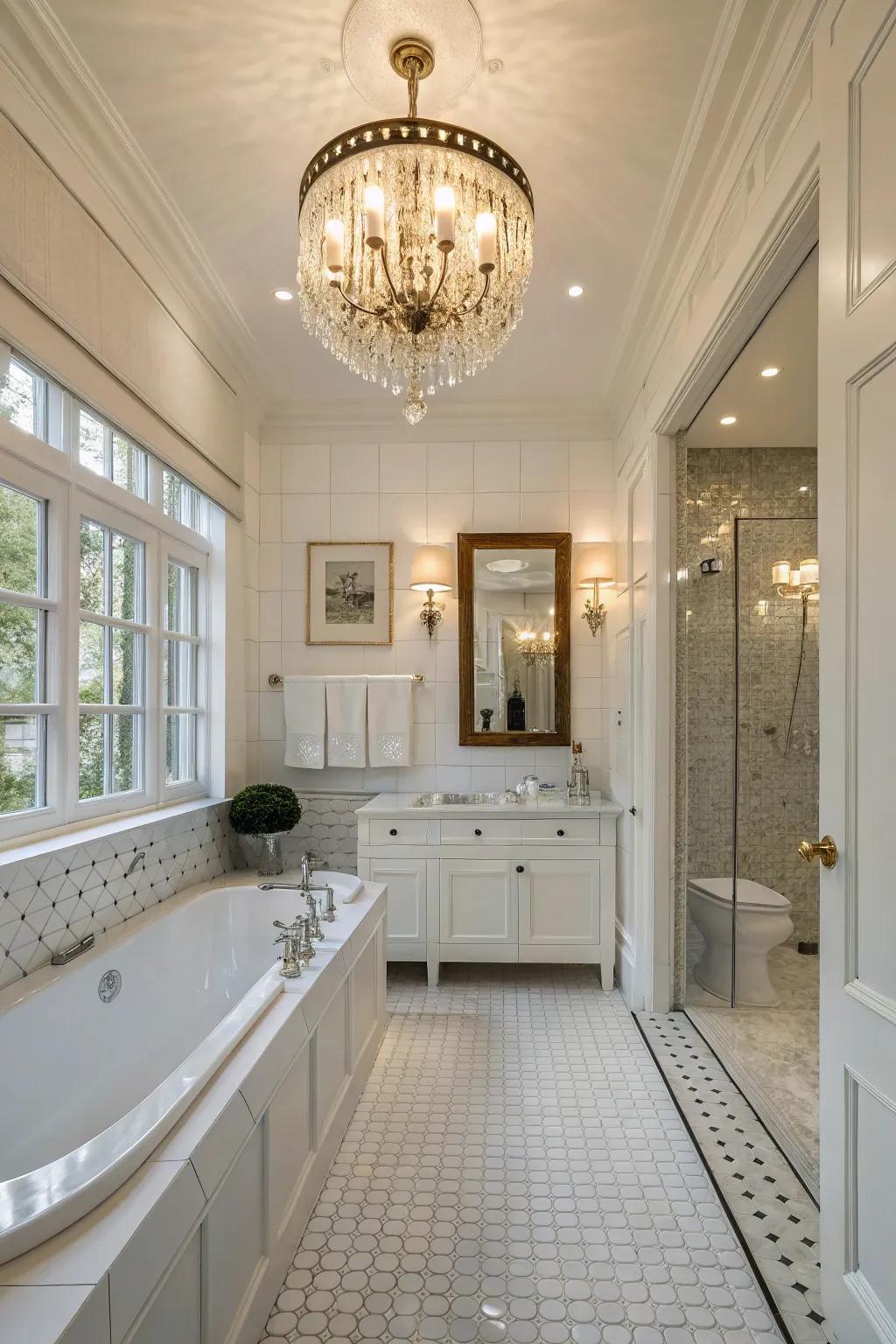 A traditional white bathroom with a chandelier enhancing the elegance and lighting.