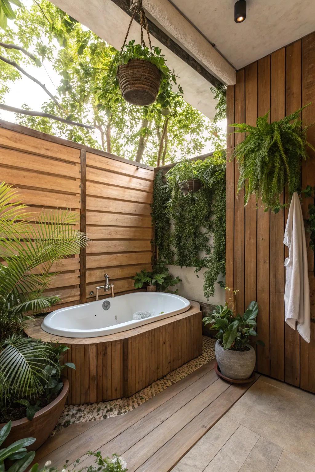 Wood and plants create a warm and inviting atmosphere around the tub.