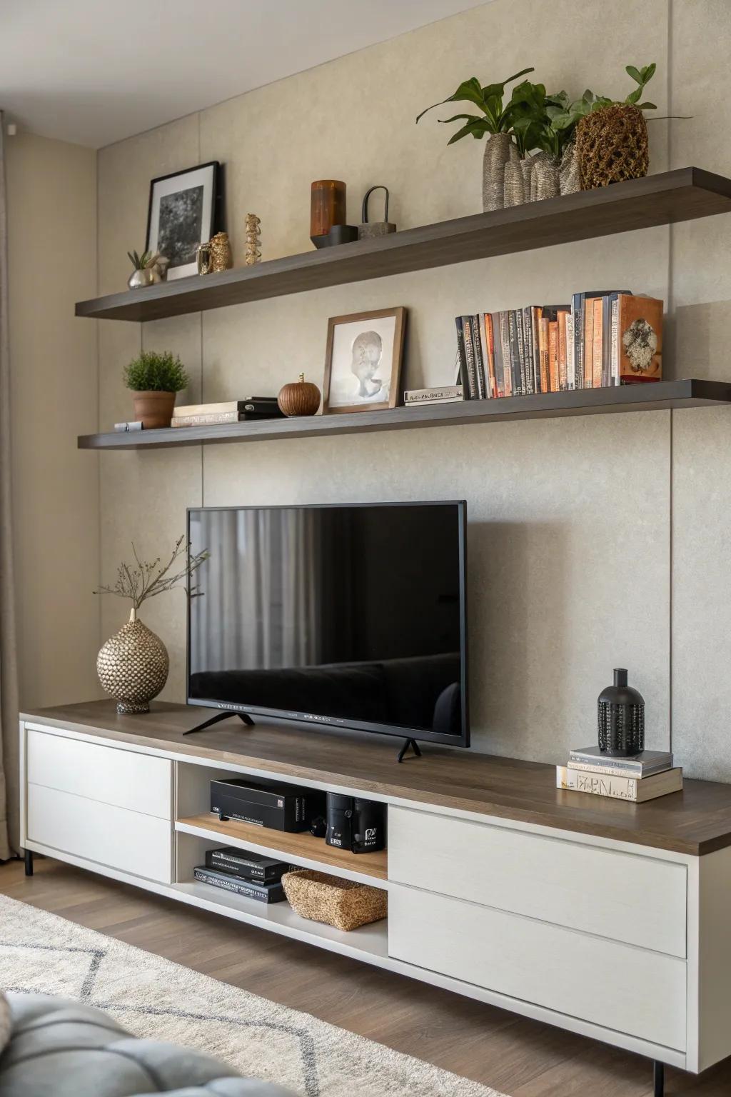 Wall-mounted shelves above a TV console for added storage.