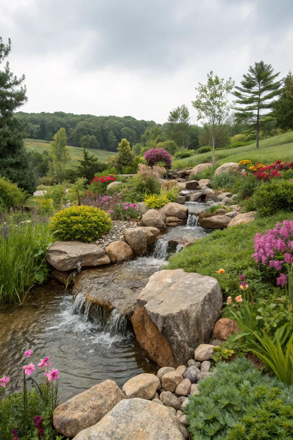 Native stone structures forge a tranquil garden escape.