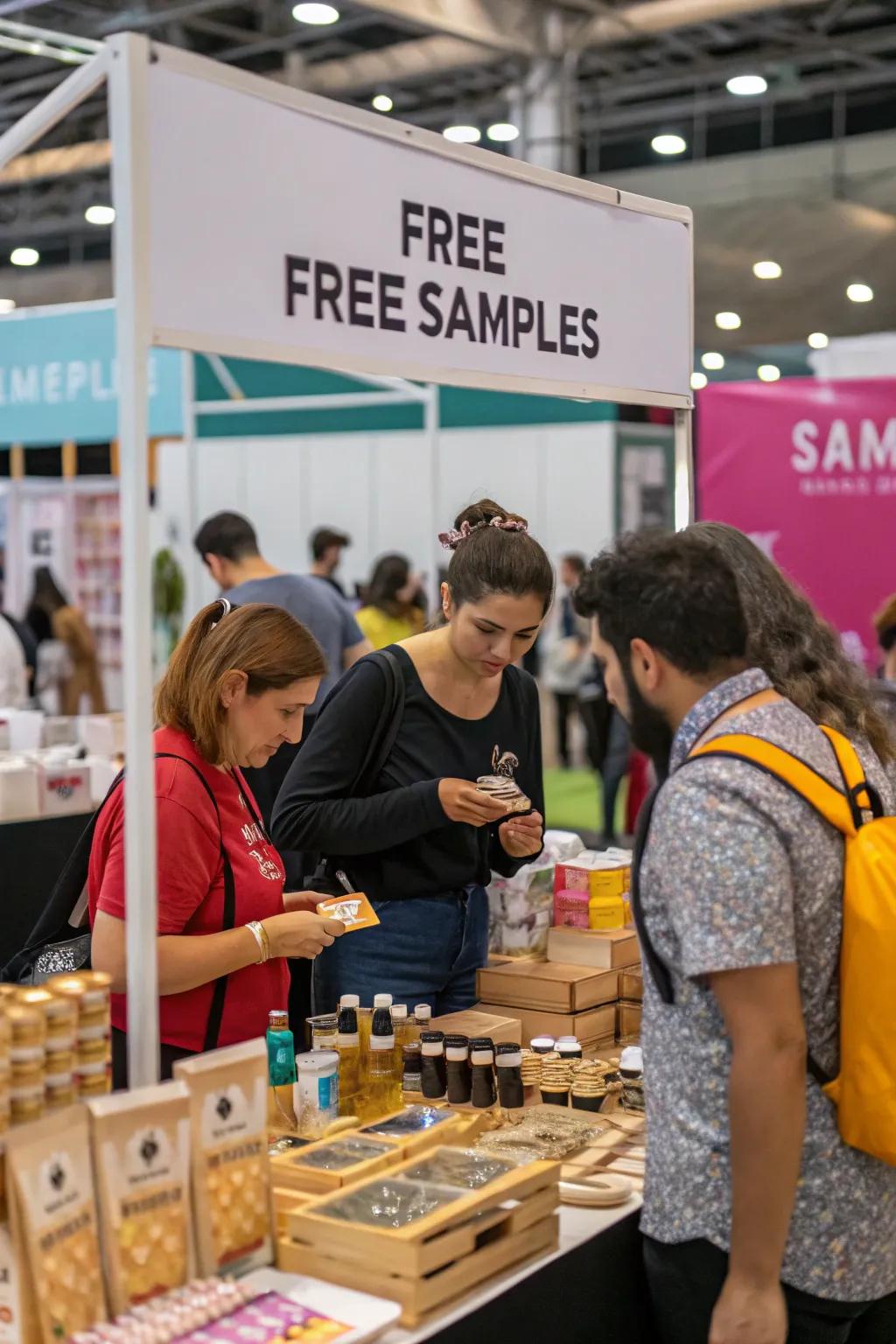 Complimentary samples drawing visitors to the display.