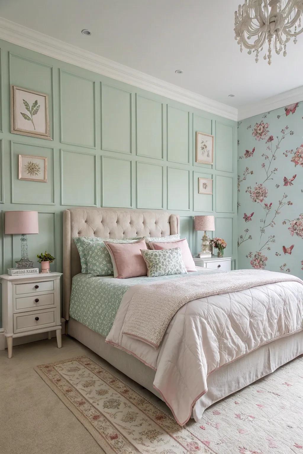 Pastel wainscoting brings a lighthearted touch to your bedroom.