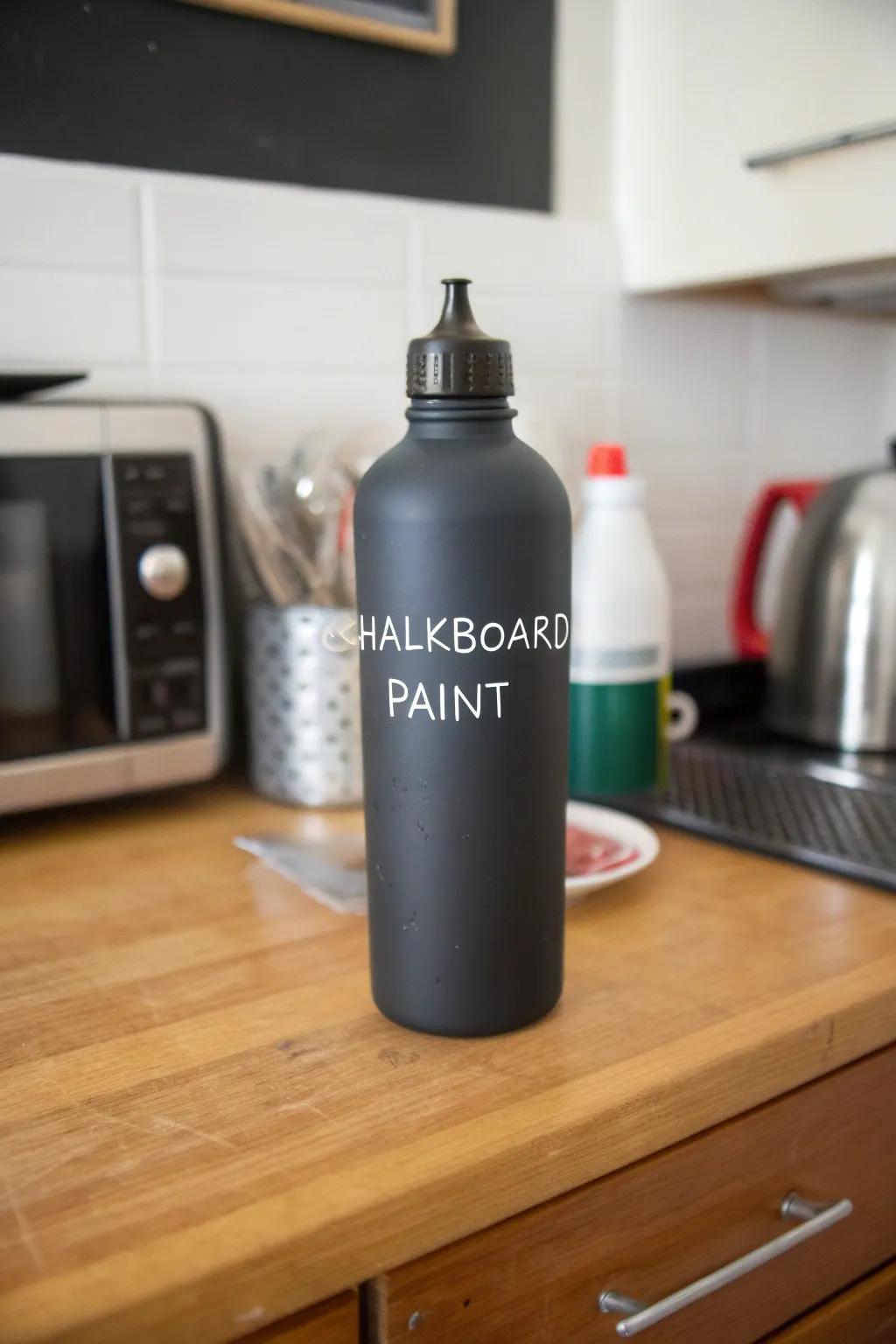 A chalkboard-painted water bottle with a handwritten message.