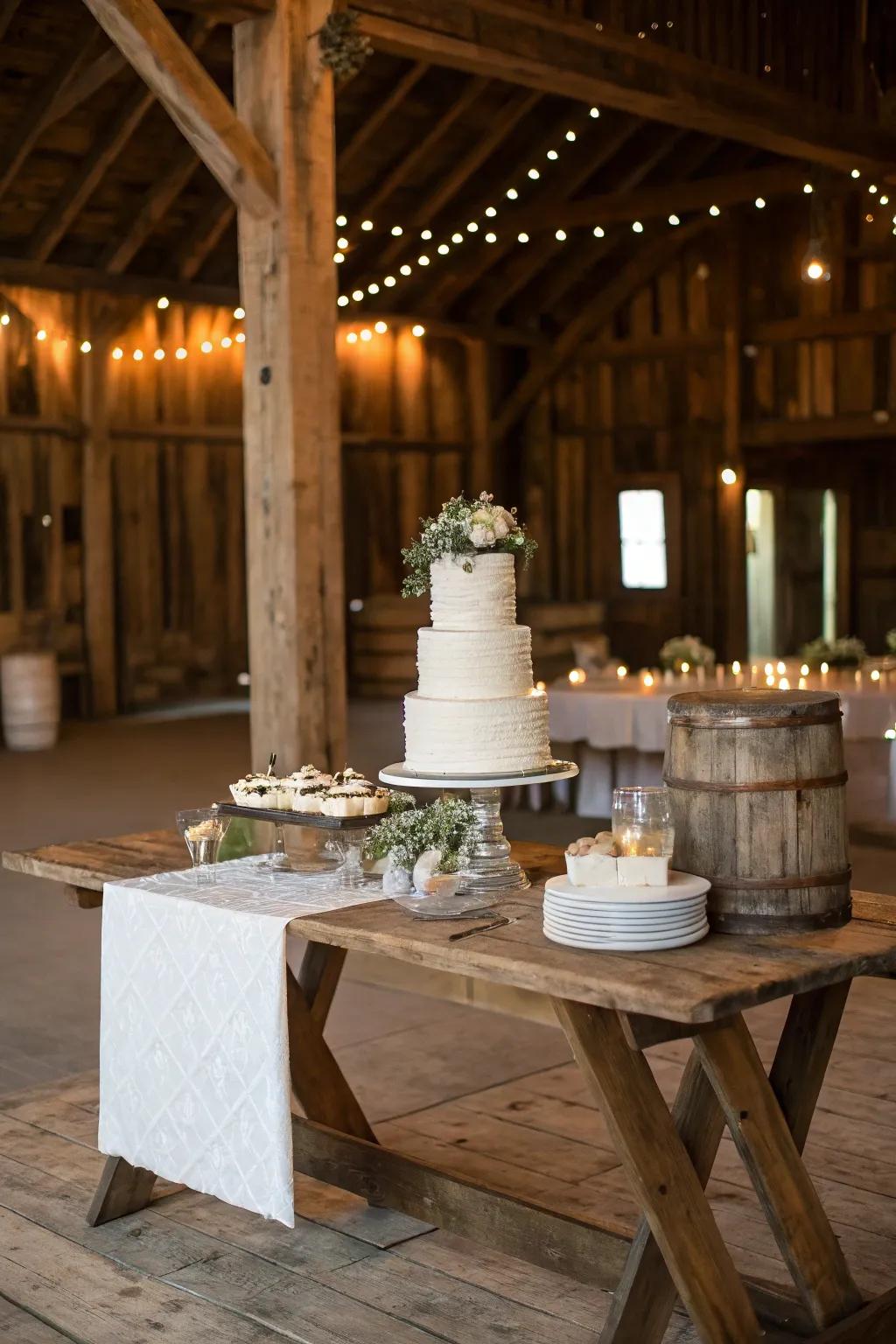 A rustic wooden table providing a charming base for a wedding cake.