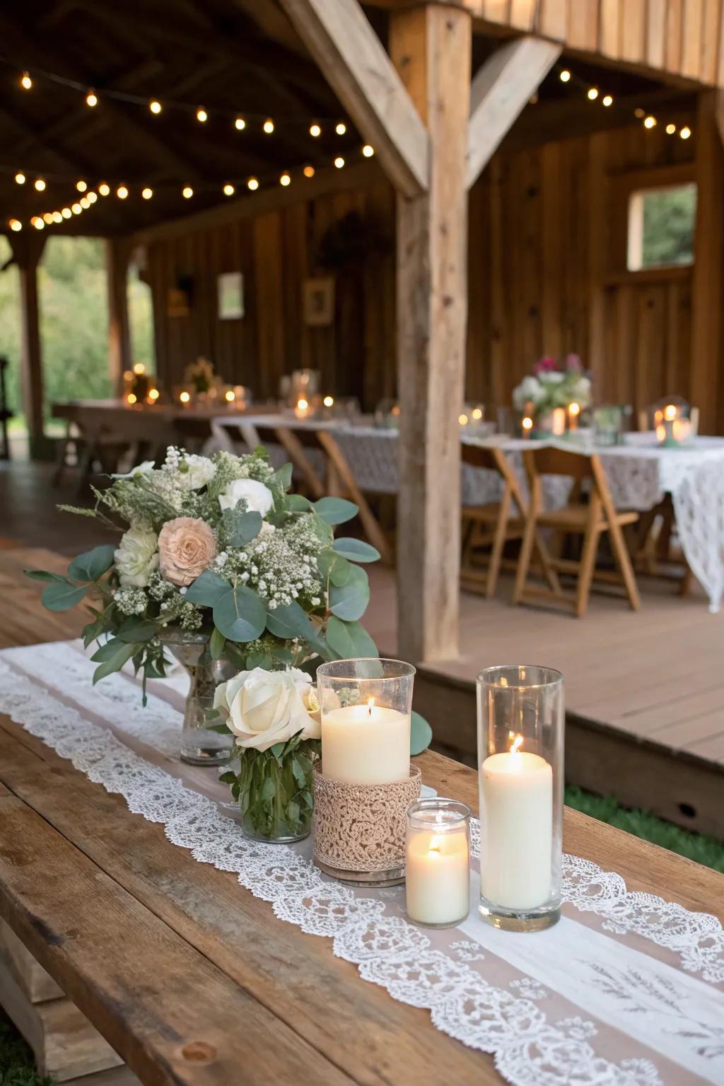 Rustic wedding decor featuring wooden accents and candles for a warm atmosphere.