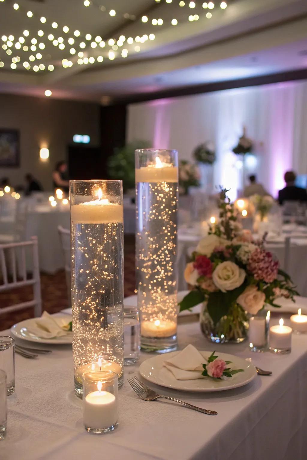 LED lights add a magical sparkle to floating candle centerpieces.