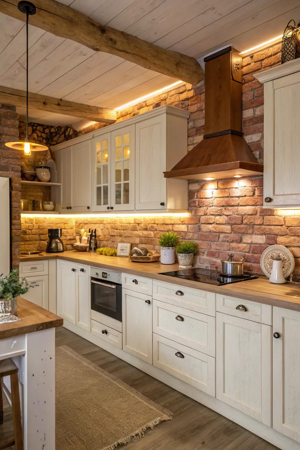 Rustic brick backsplash bringing warmth to a kitchen with white cabinets.