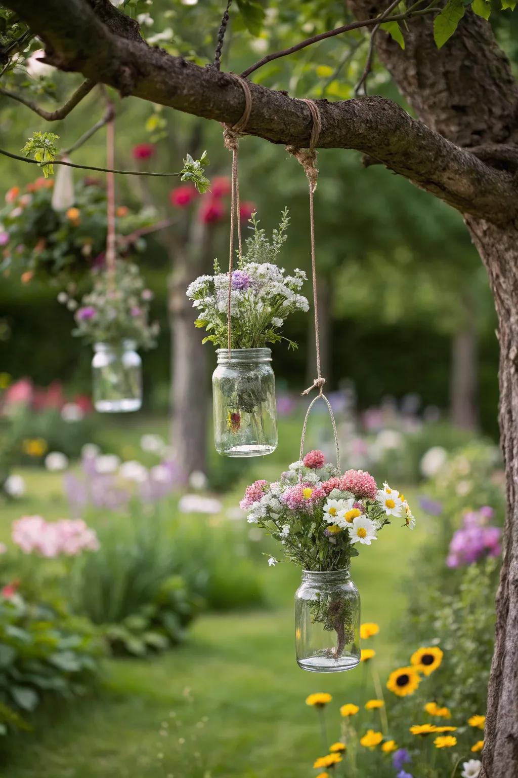 Suspended jars brimming with wildflowers conjure a whimsical outdoor presentation.