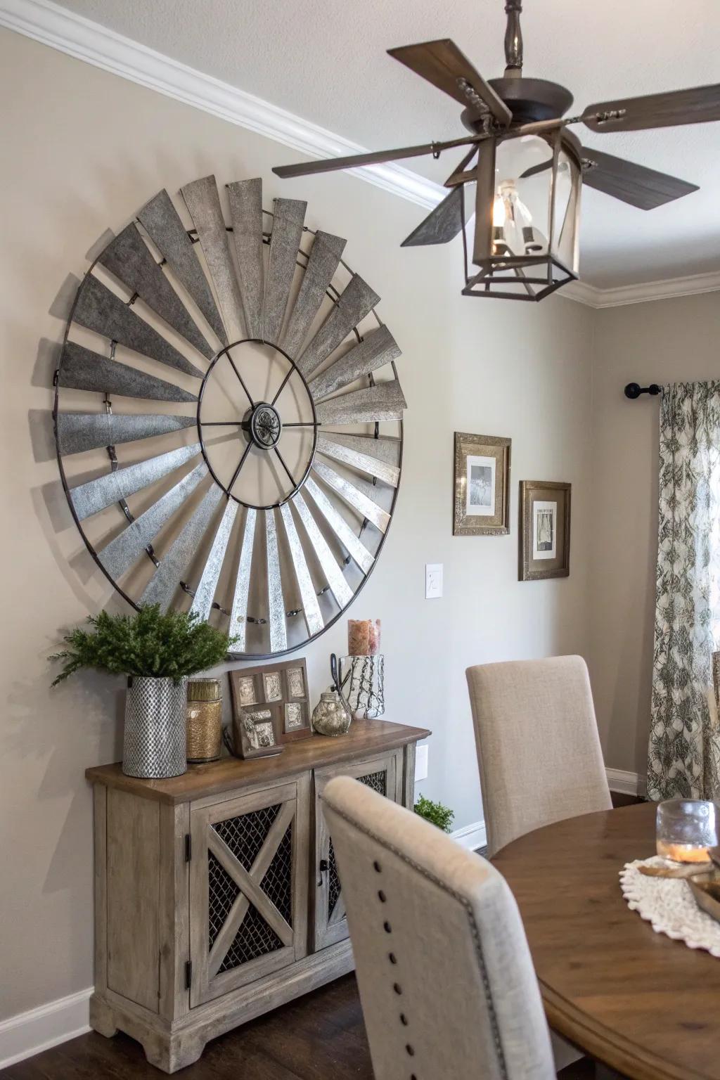 Metallic windmill decor adds sophistication to the dining room.