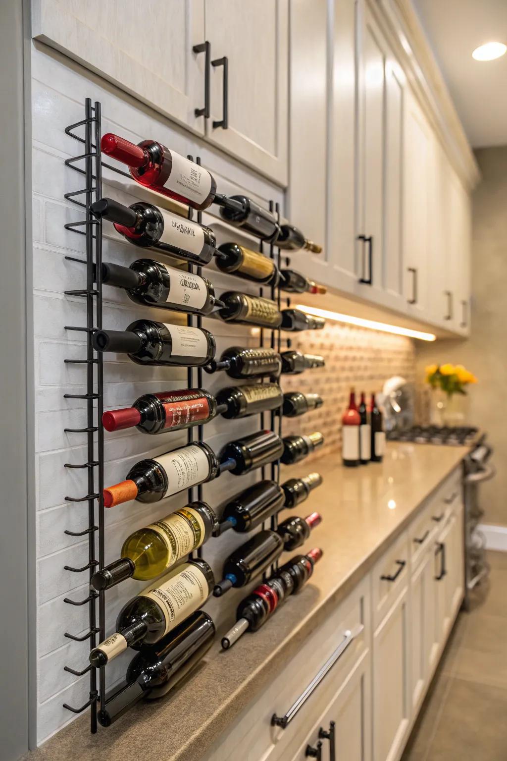 Wall-mounted racks turn wine storage into an artistic display.