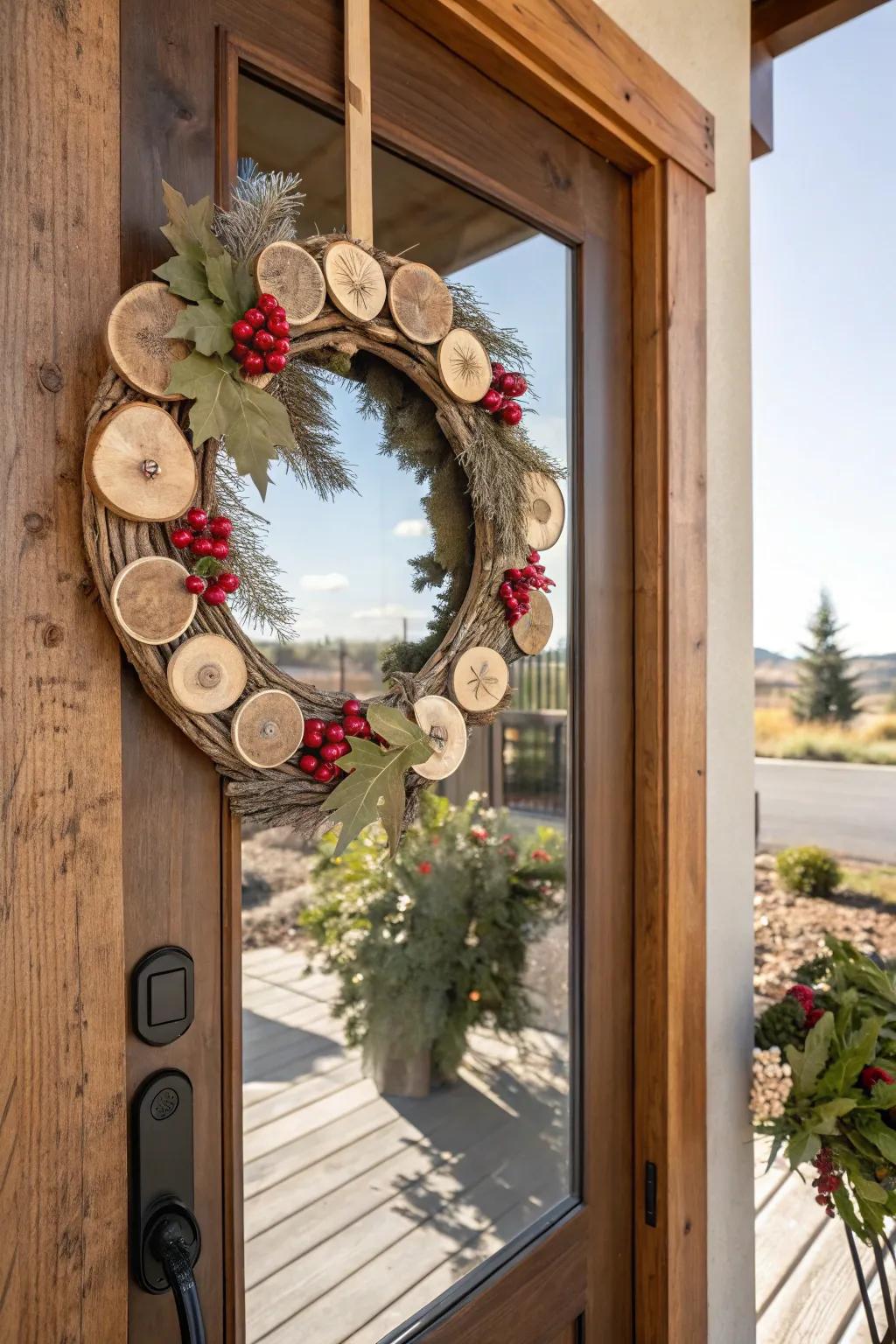 Seasonal switch-up with wood slice wreaths for year-round freshness.