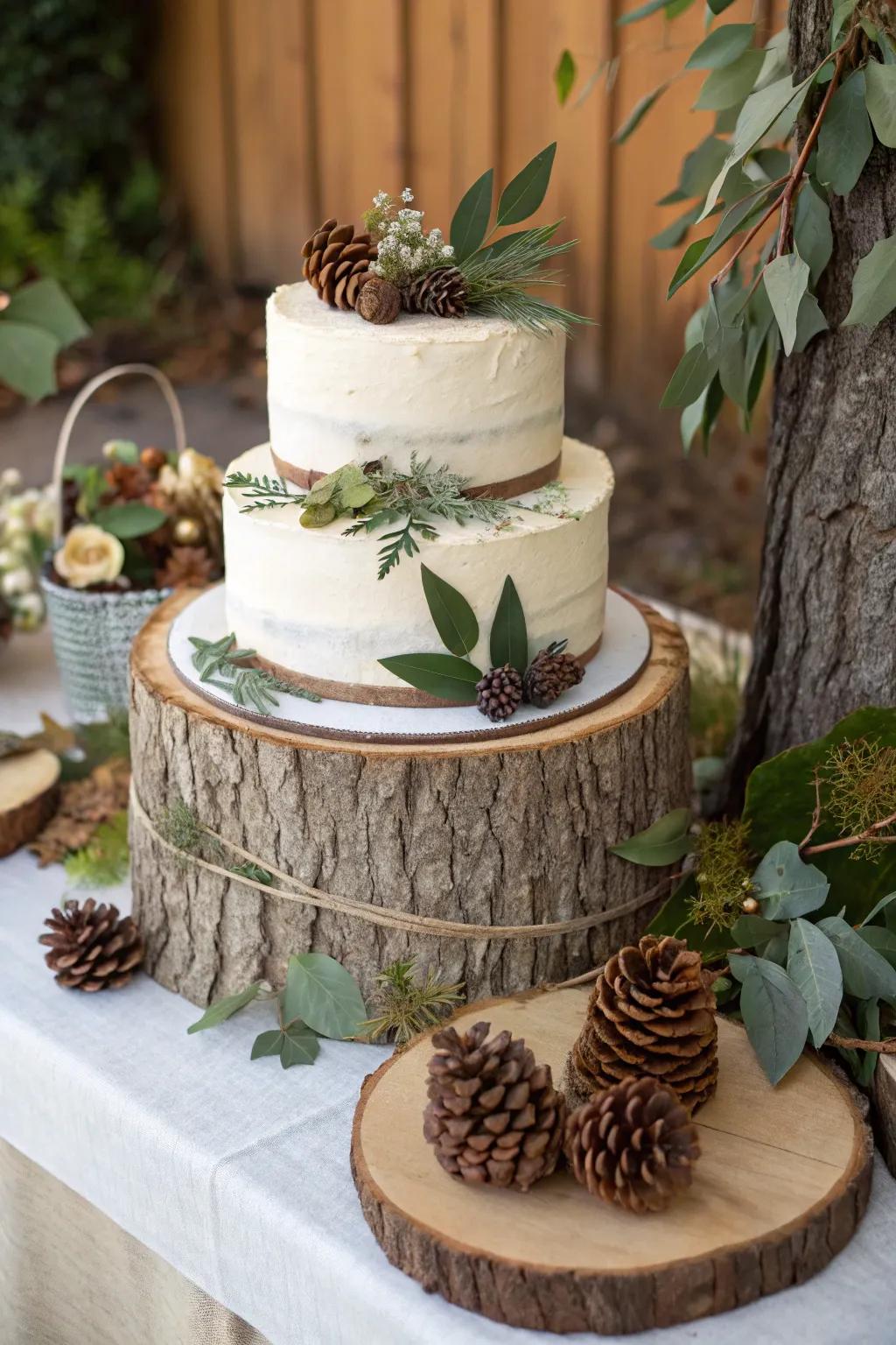 Elevate your dessert table with a rustic cake display.