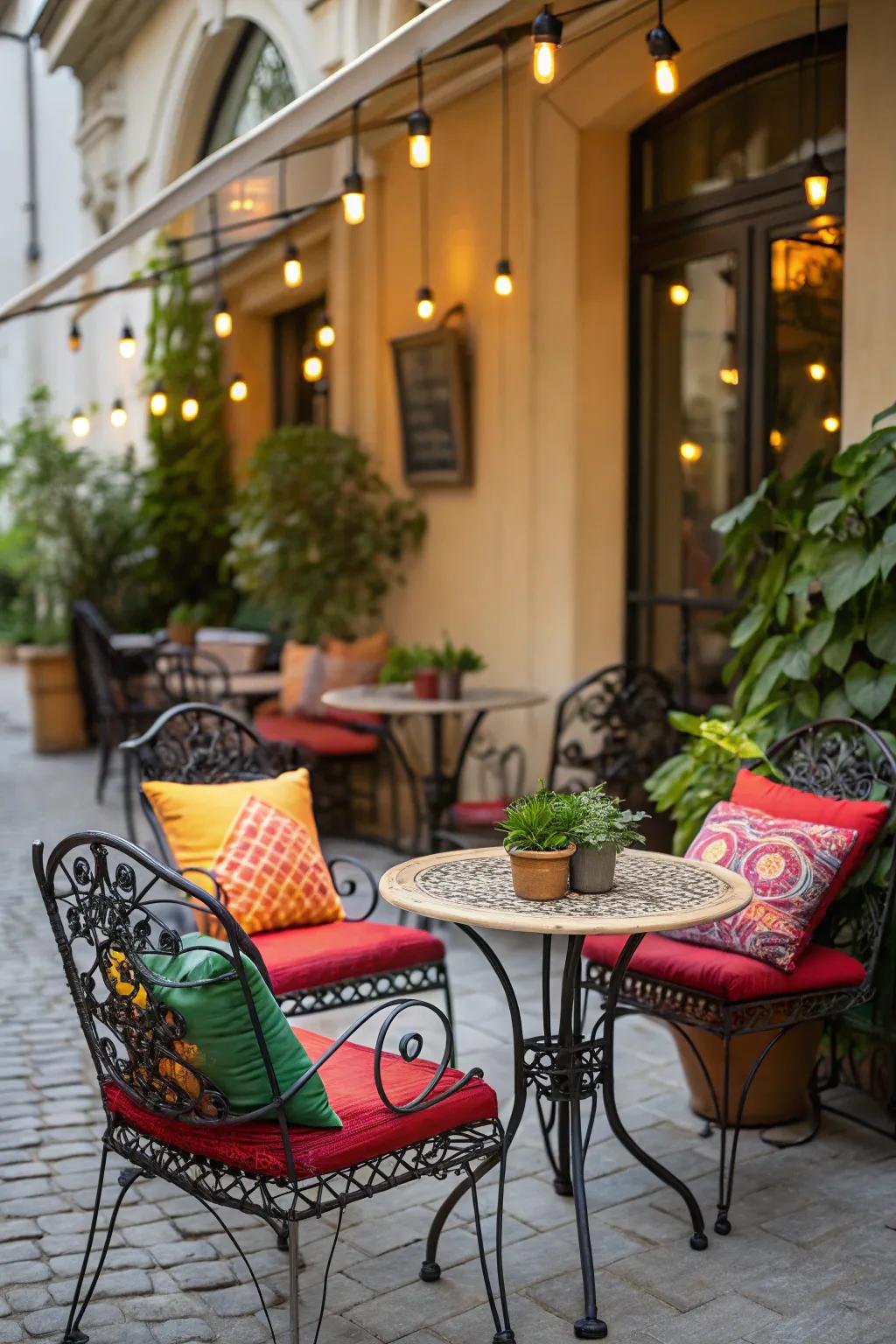 Cheer up your patio with a vibrant bistro set featuring vibrant cushions.