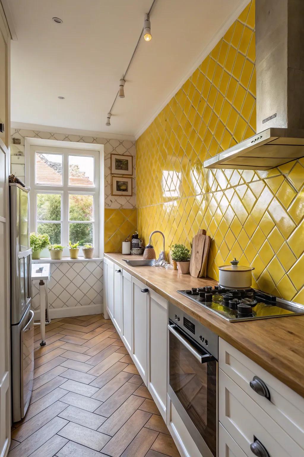 Diagonal yellow subway tiles add a modern twist to tradition.