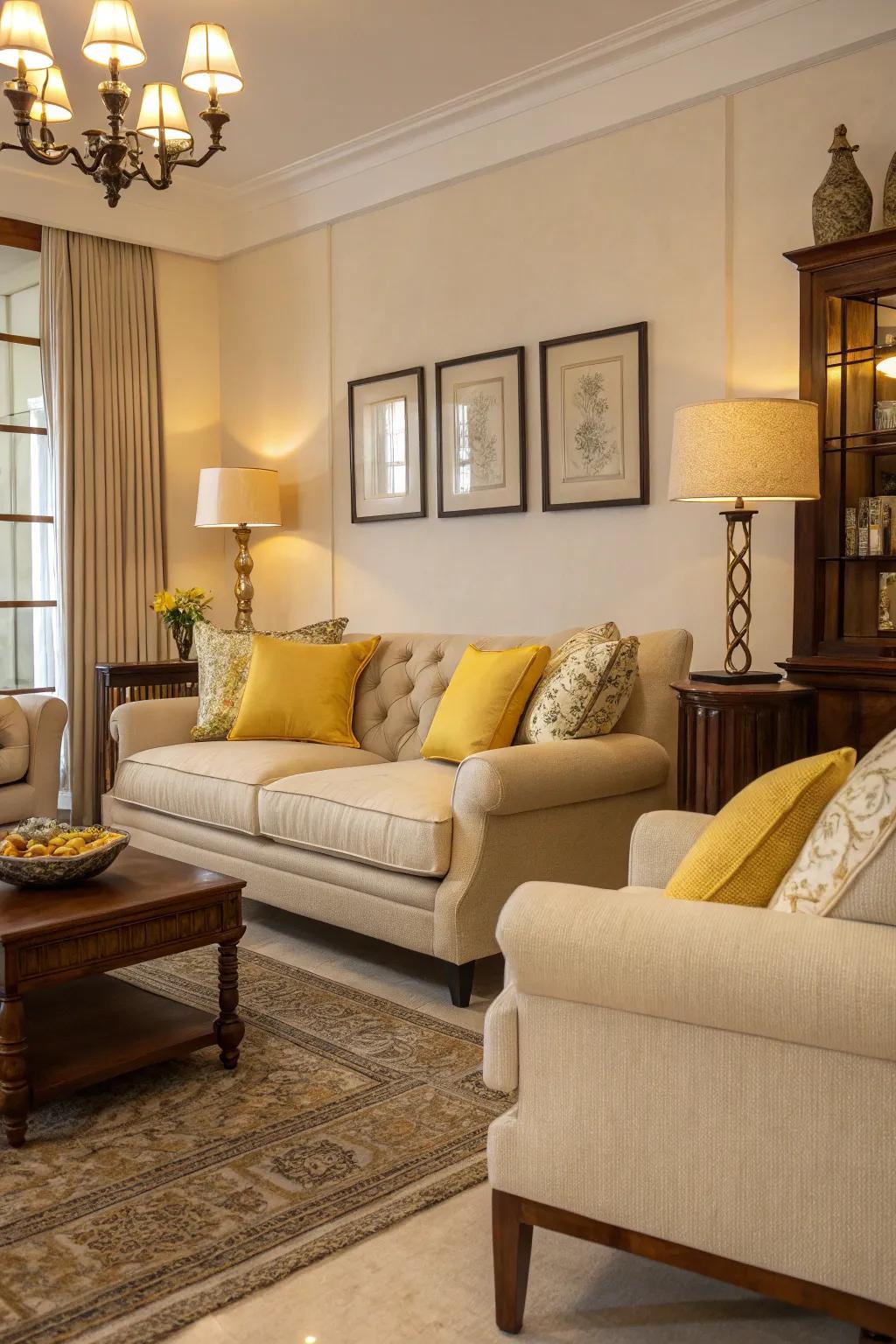 A harmonious living room with yellow accents.