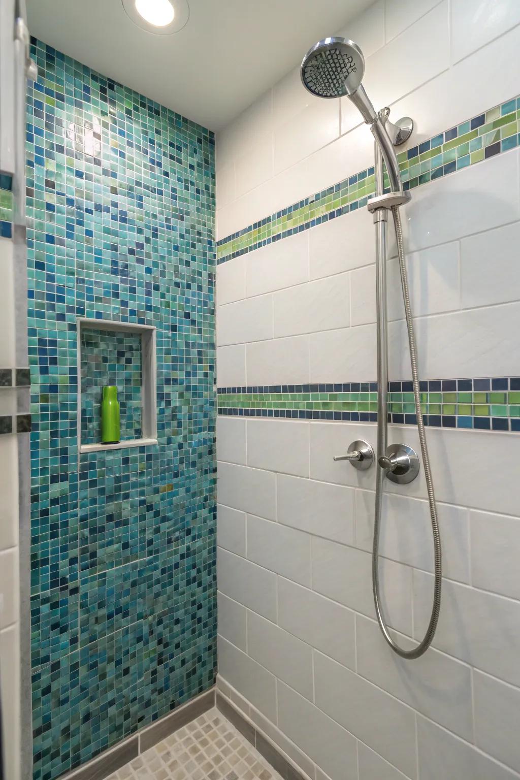 Mosaic tiles add texture and visual interest to a small shower.