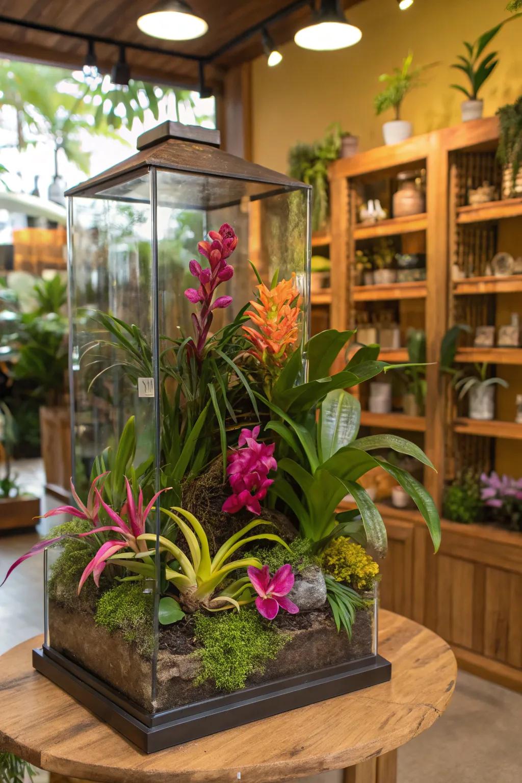 A tropical escape terrarium with vibrant orchids.