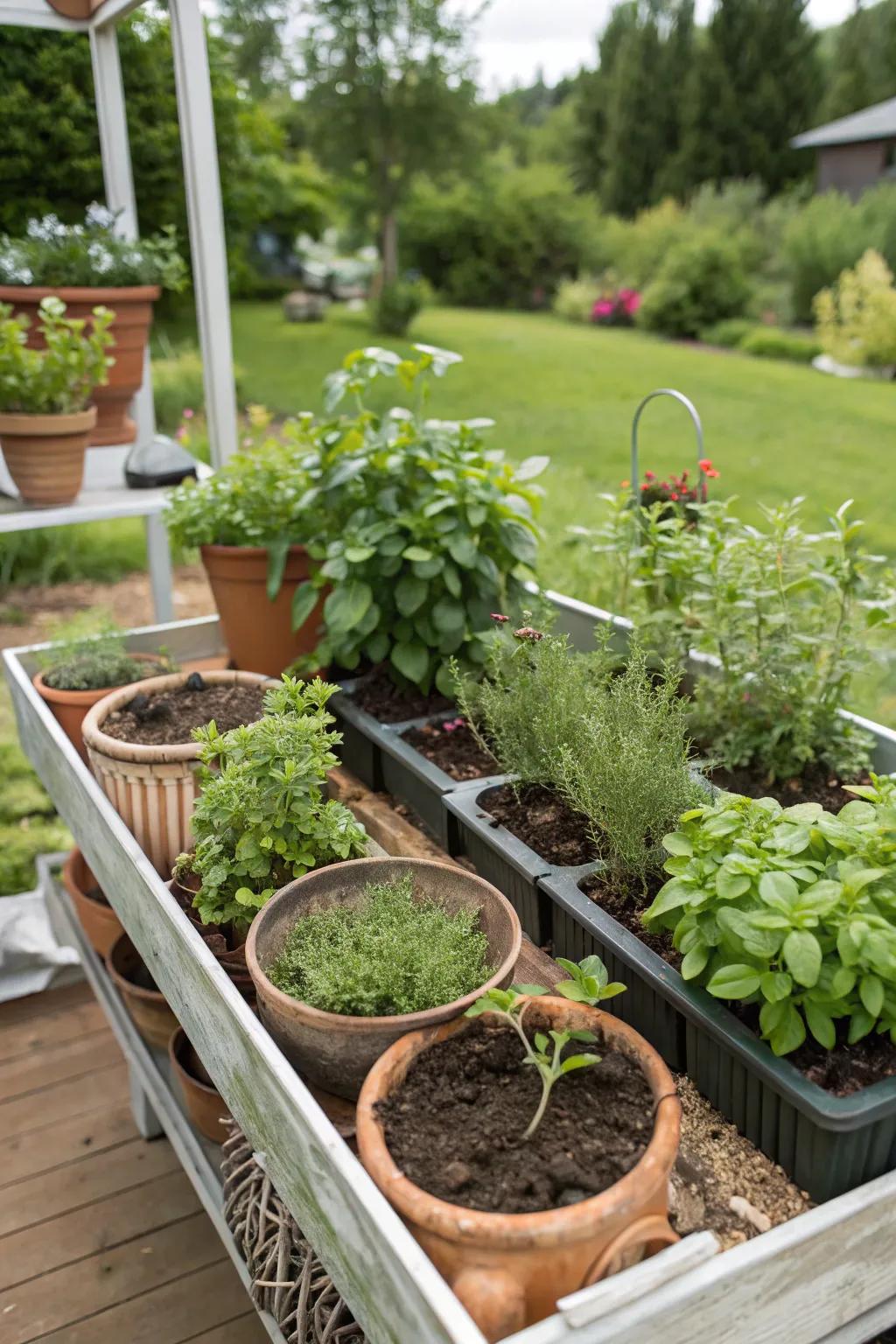 Guests enjoy planting herbs at a garden party station.