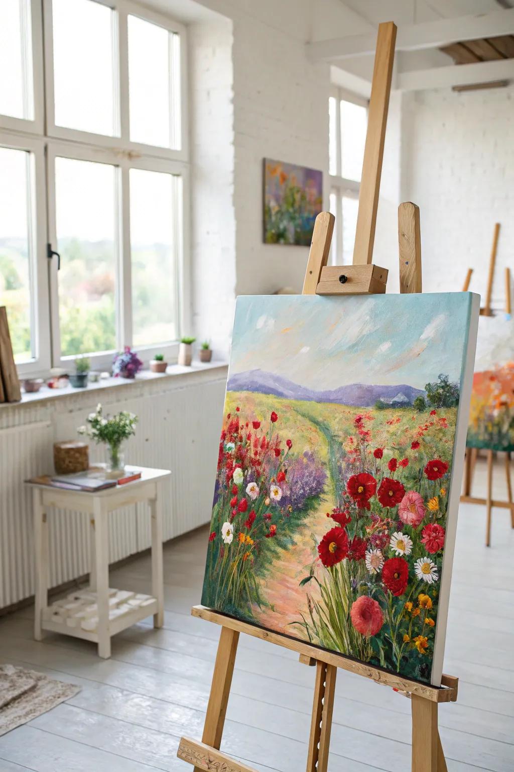 Colorful field painting infusing the studio with vibrant energy